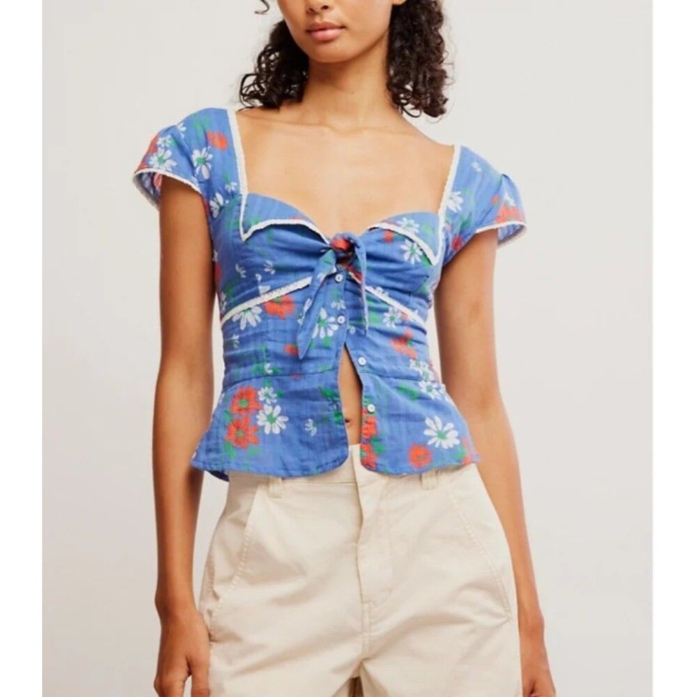 Free People Call Me Baby Blouse Top Floral Printed Smocked Blue Cotton L 286895